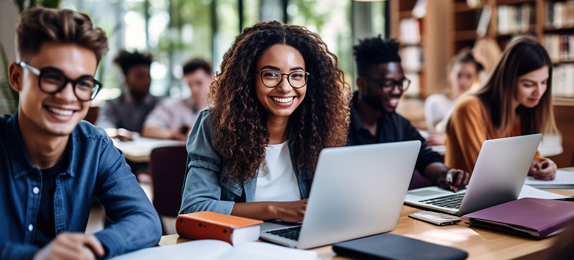 Image of young people smiling while sitting in classroom on laptops.